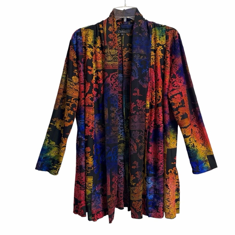 Calessa Jacquard Rainbow Burnout Open Front Cardigan M Boho Vibrant Art to Wear